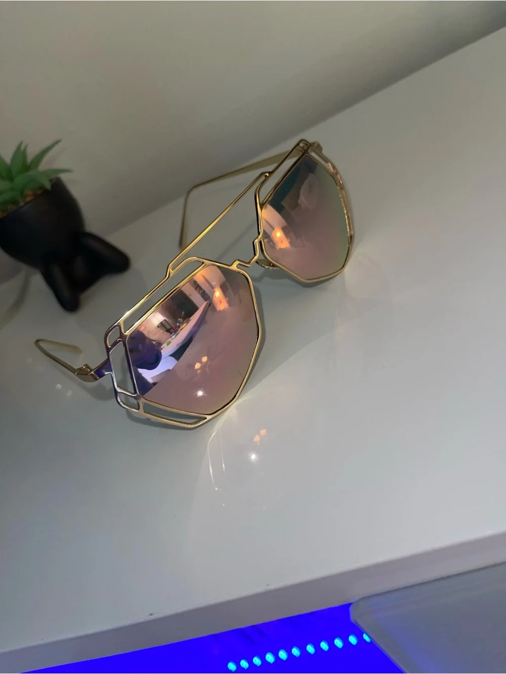 Geometric Gold-Frame Sunglasses with Pink Mirrored Lenses